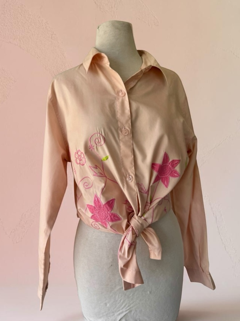 Vtg 90s Haband Pink Embroidered Floral Button Up Shirt Sz M Pastel Cottage Boho